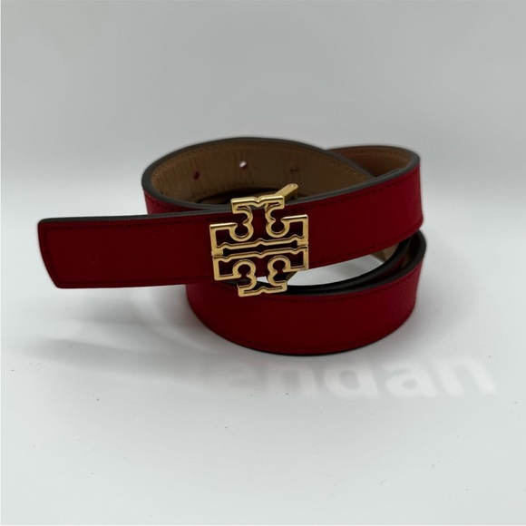 Tory Burch Britten Logo Reversible BeltClassic Tan/Poppy Red With Gold Hardware - Picture 2 of 6